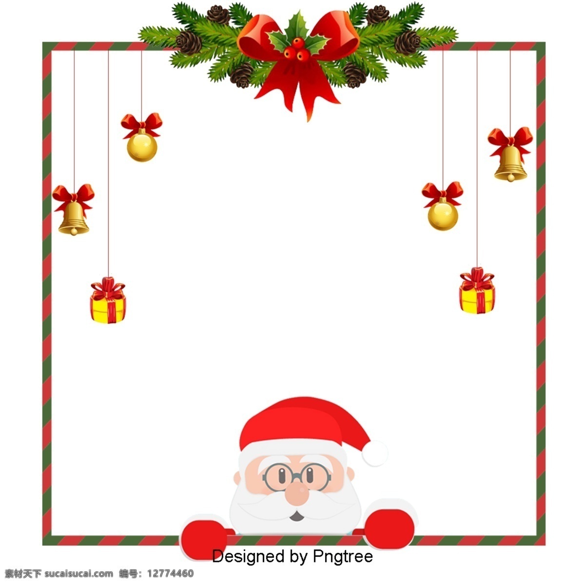 圣诞老人 圣诞 红 边界 小钟 礼物 圣诞树 红色 绿色 丝带 框架 简单