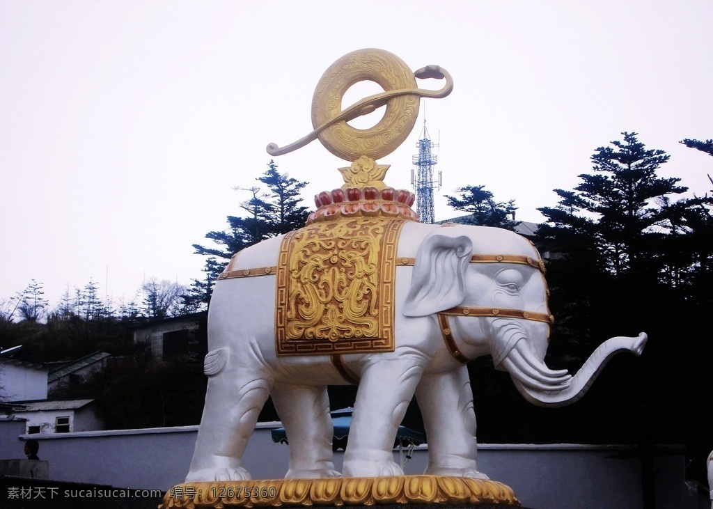 峨眉山 金顶 大象 法轮 莲花座 云杉 树林 蓝天 雕塑 建筑园林