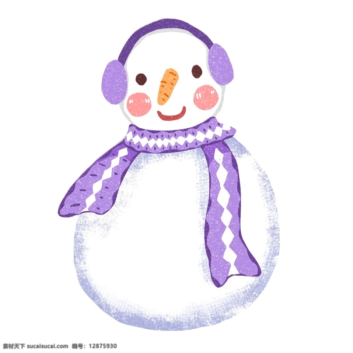 复古 肌理 冬季 微笑 雪人 唯美 插画 冬日 复古肌理 手绘 紫色耳罩 紫色围巾 堆雪人