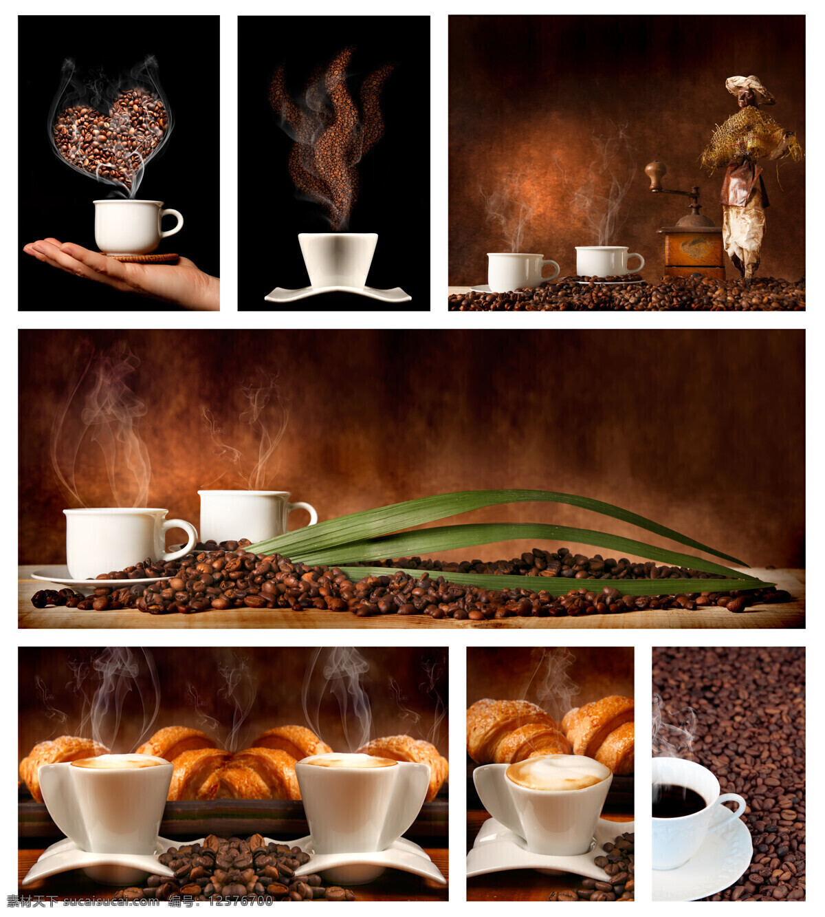 咖啡美食摄影 咖啡 咖啡豆 咖啡杯 面包 热气 绿叶 美食摄影 中华美食 餐饮美食 黑色