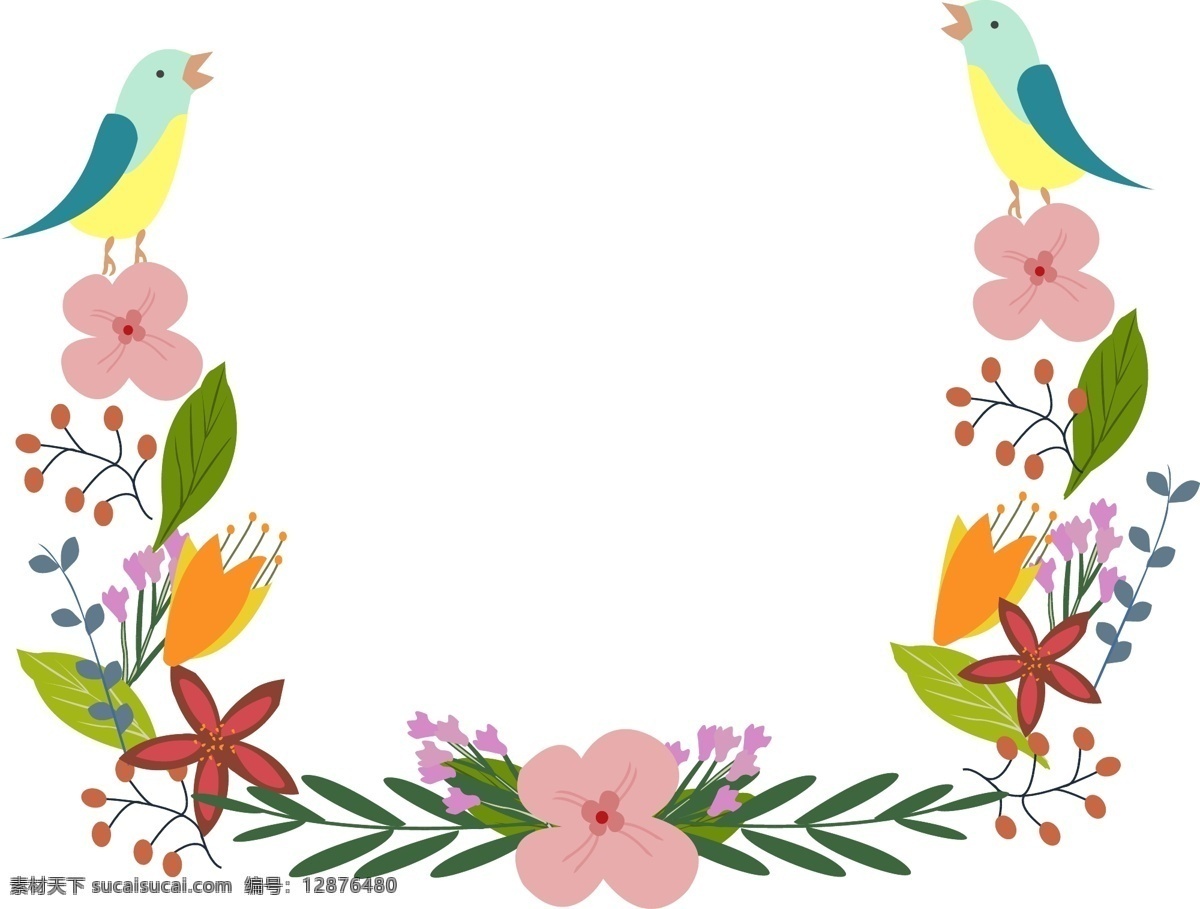 两 只 小鸟 花朵 边框 矢量图 花朵小鸟边框 蓝色小鸟 北欧风 小清新 春夏色调 相框 树枝 正方形边框 鲜花