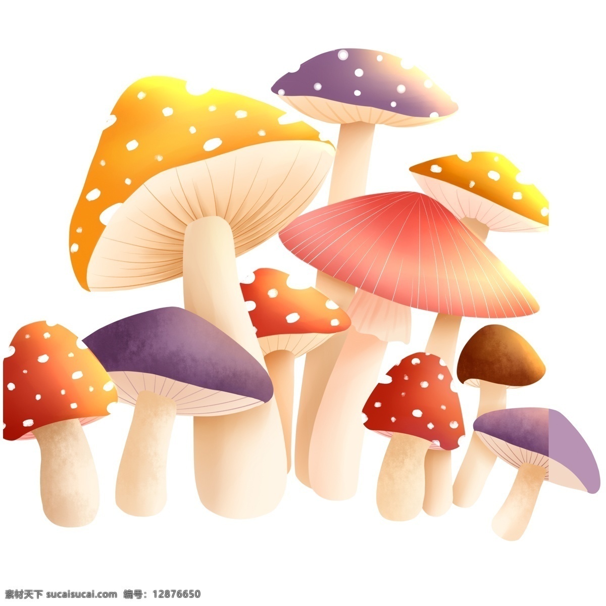 清新 彩色 蘑菇 元素 手绘 卡通 蘑菇元素 插画