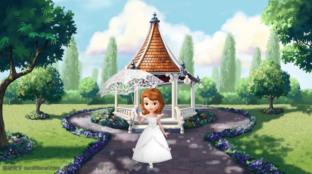 小公主索菲亚 苏菲亚公主 凉亭 室外背景 绿色背景 雨伞 树木 索菲亚系列 动漫动画 动漫人物