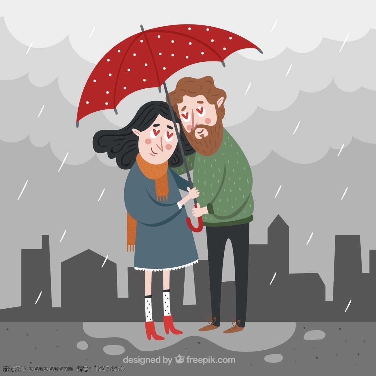 创意 雨 中 撑伞 情侣 城市 建筑 楼房 男子 女子 雨伞 文化艺术 绘画书法
