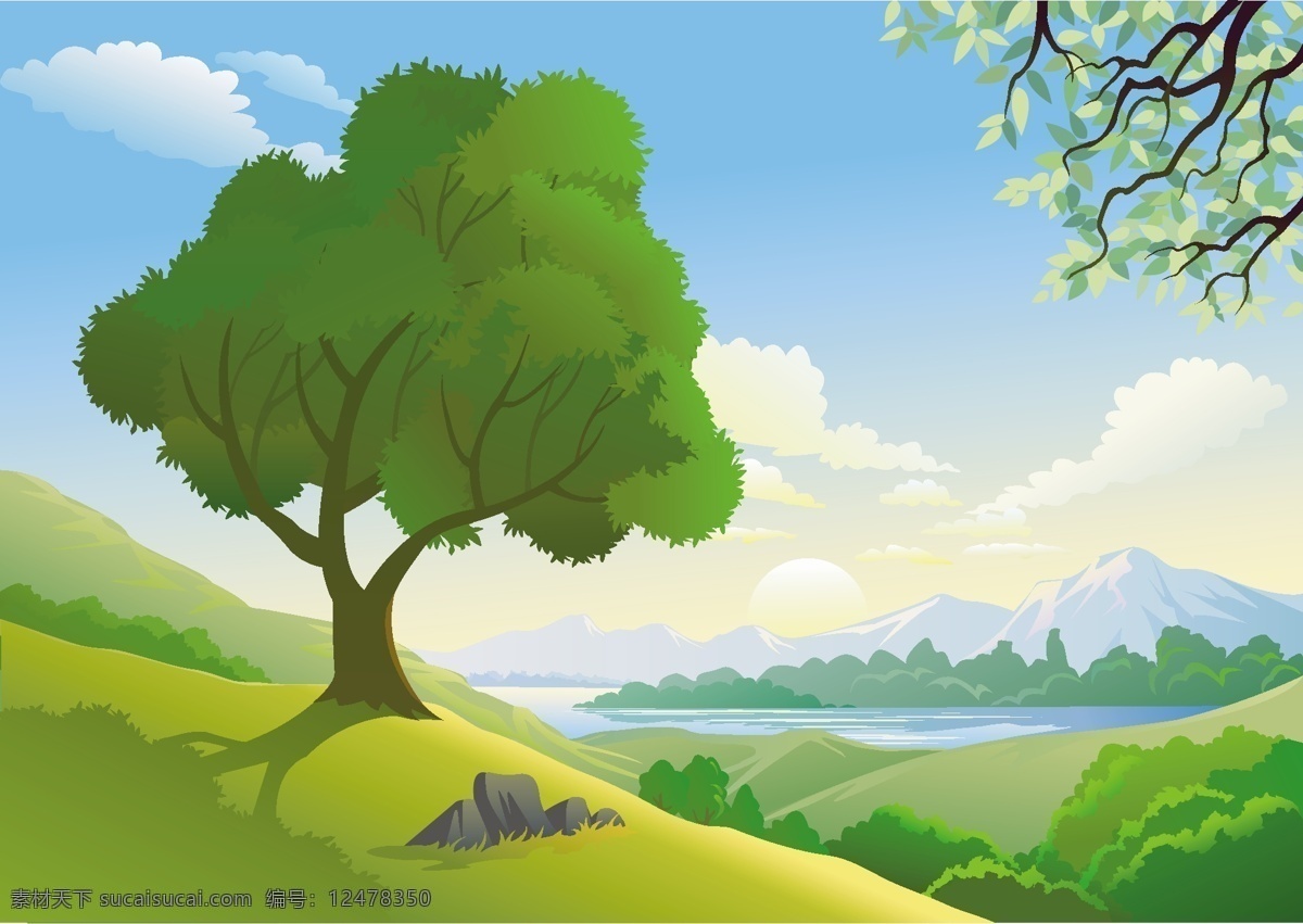 山顶风光 自然 风景 插画 卡通 大树 山顶 山峦 天空 自然风光 空间环境 矢量素材 绿色