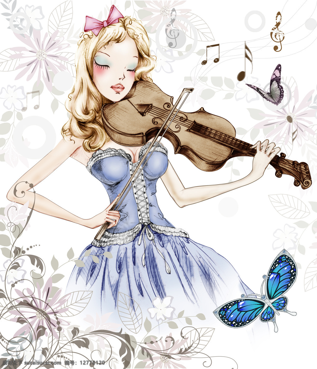 手绘 原创 小提琴 女郎 花朵 花纹 手绘原创 动漫人物 动漫动画