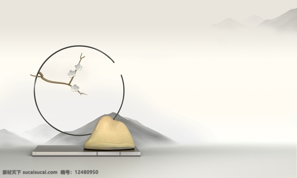 现代中式背景 地产 禅意 质感 山 花 现代中式 山禅 分层