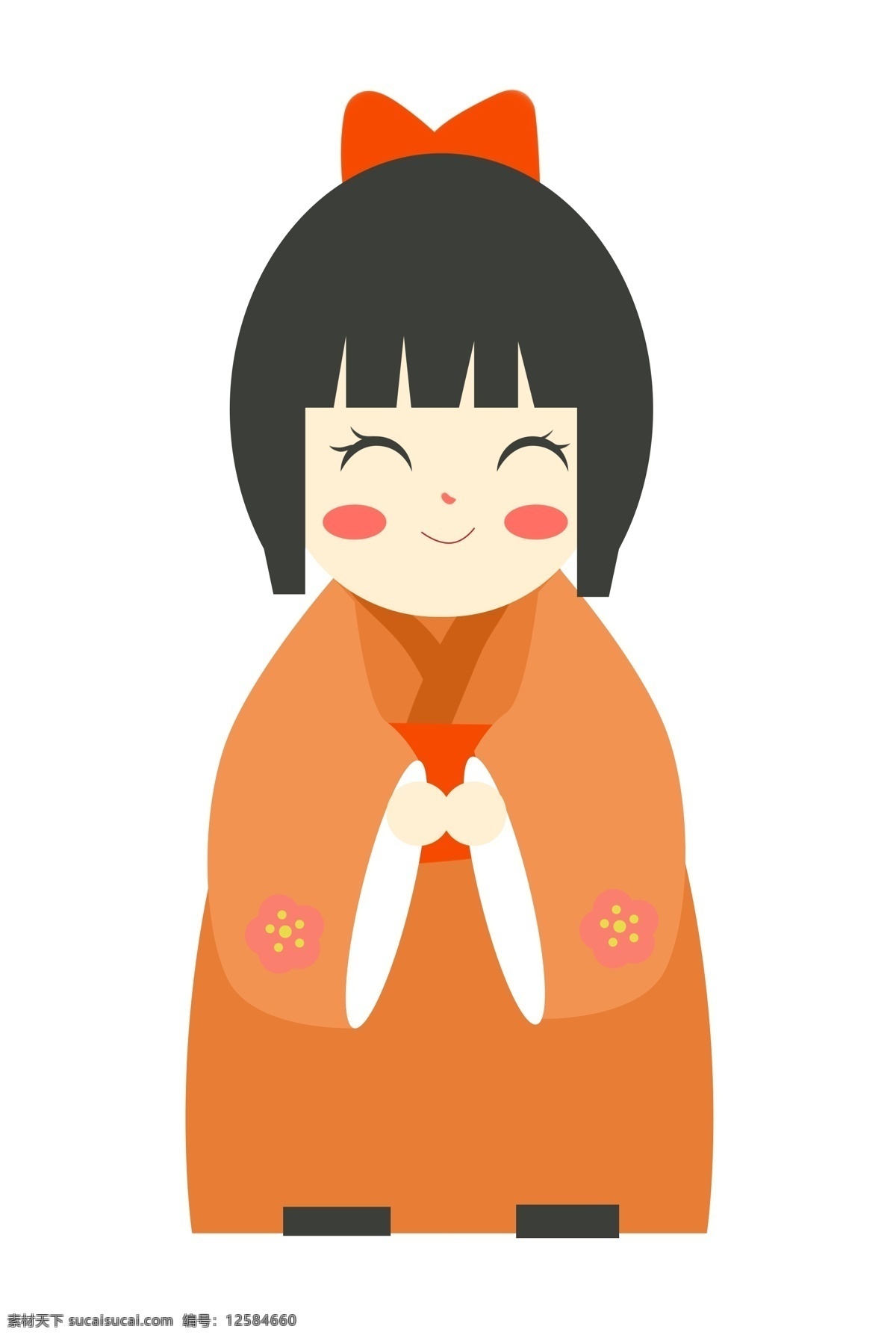 日本 漂亮 小女孩 日本人物插画 漂亮的小女孩 害羞的小女孩 卡通人物 橙色的蝴蝶结 橙色的和服