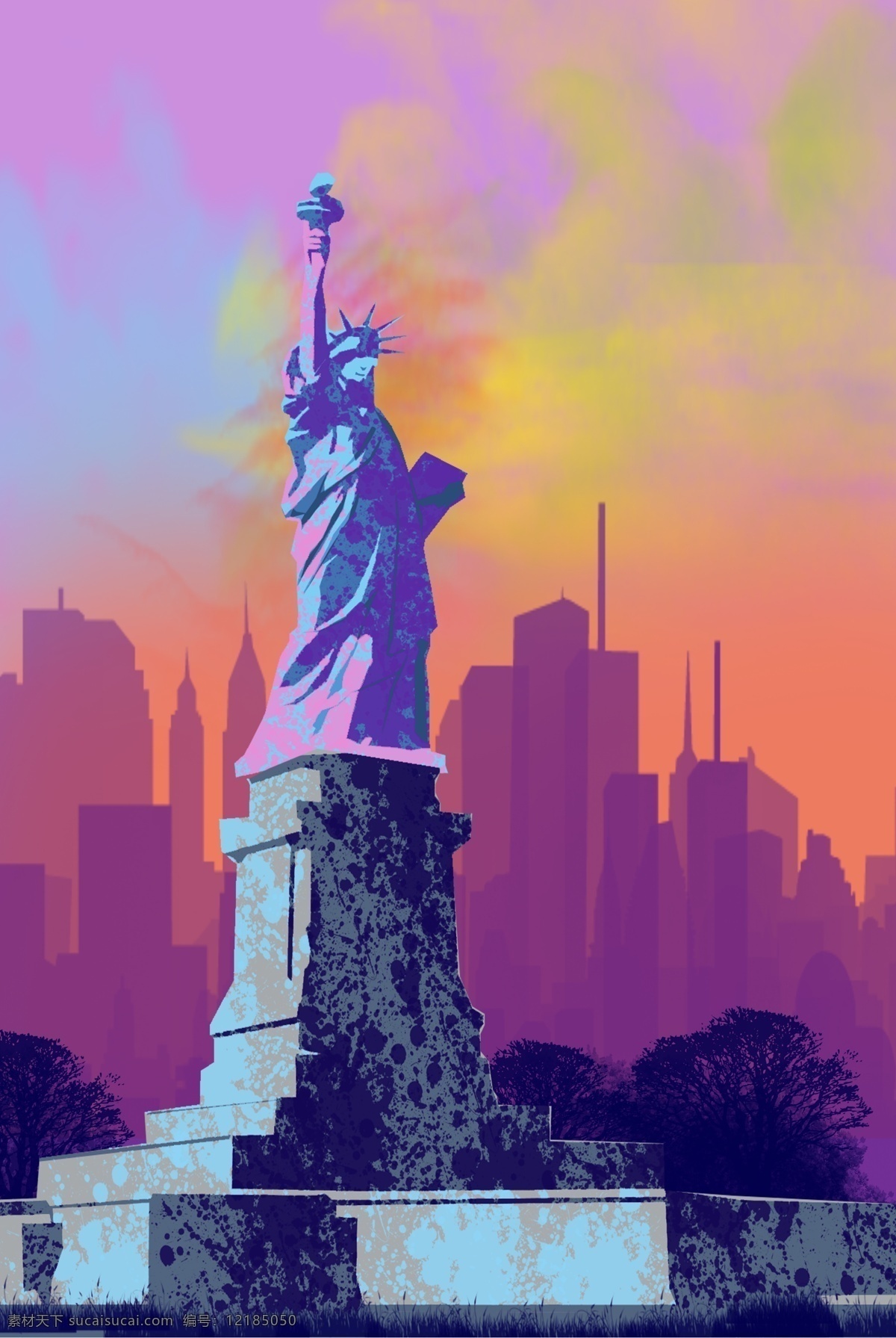 纽约 自由 女神 油画 风 世界 地标 建筑 自由女神 油画风 手绘插画 分层