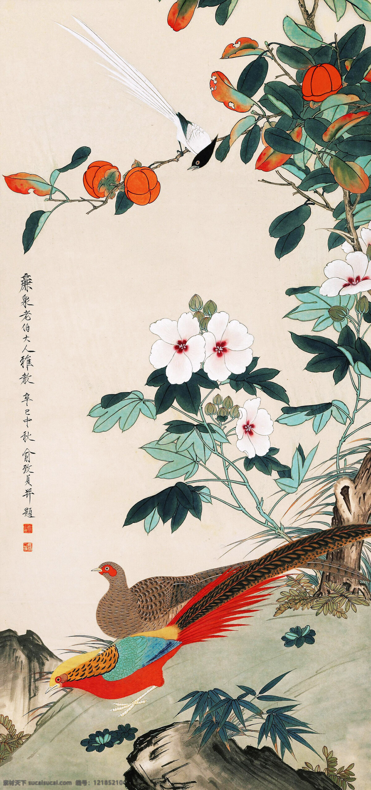 锦上添花 美术 绘画 中国画 工笔重彩画 锦鸡 白娴 花朵 柿子树 叶子 石头 国画艺术 国画集42 绘画书法 文化艺术