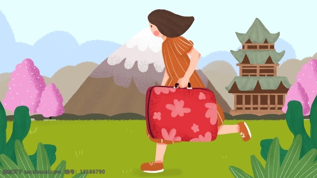 世界 旅游 日 女孩 旅行 日本 旅行箱 手绘 插画 配 图 手绘插画 配图 世界旅游日