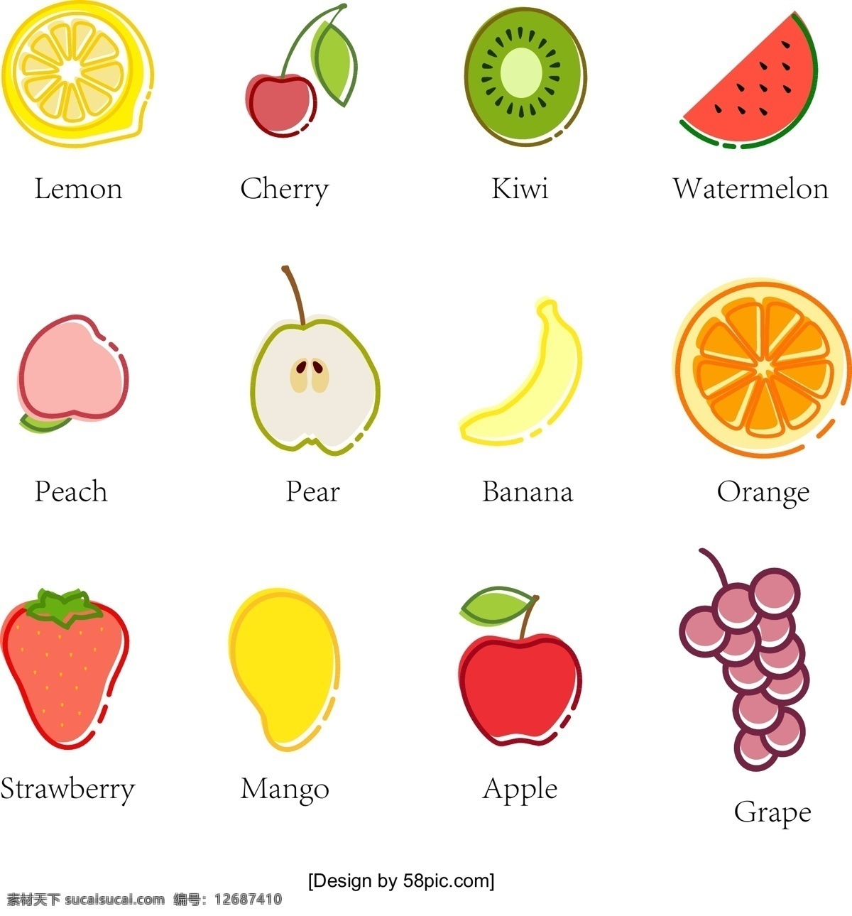 创意 扁平化 水果 图标 柠檬 橙子 草莓 苹果 葡萄 水果图标 樱桃 猕猴桃 西瓜 桃子 桃 梨 香蕉 芒果 扁平化图标