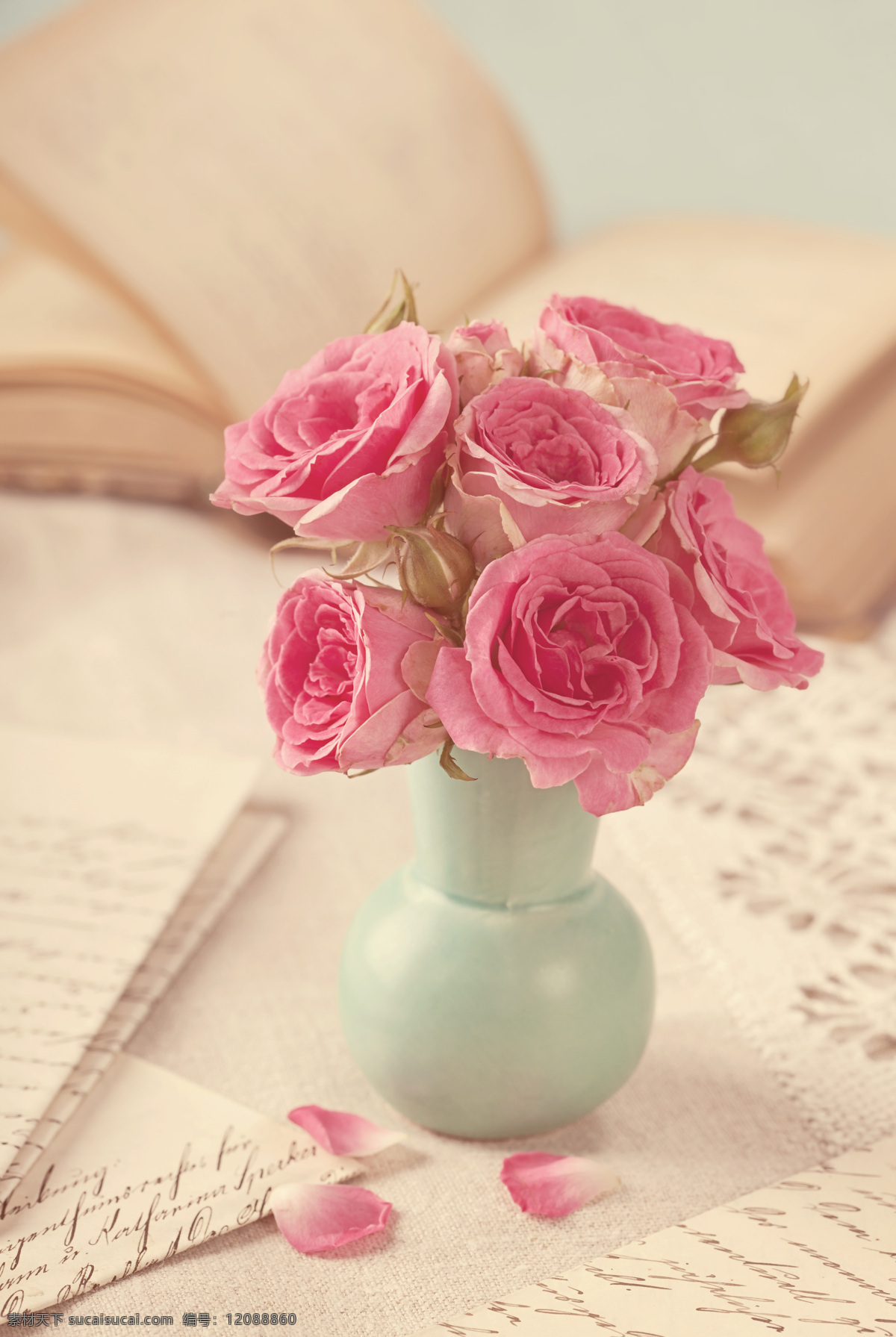 复古玫瑰花 复古花朵 花束 桌子 花瓶 书 手稿 花卉 满天星 玫瑰花 植物 花朵 复古 怀旧 古朴 老旧 花草 生物世界