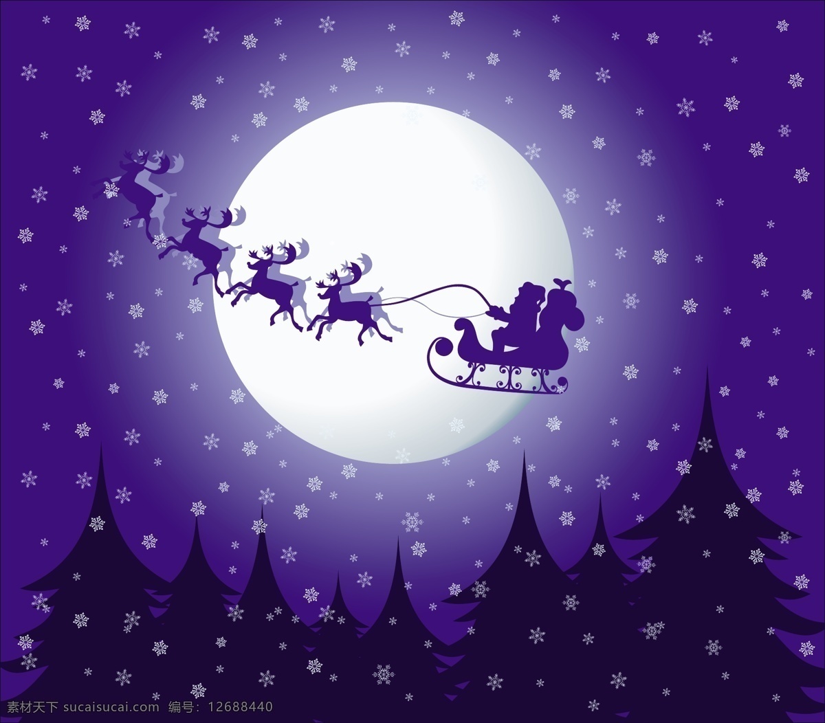 圣诞 夜晚 矢量 节日 蓝色 麋鹿 圣诞节 圣诞老人 圣诞树 雪花 雪橇 月亮 节日素材