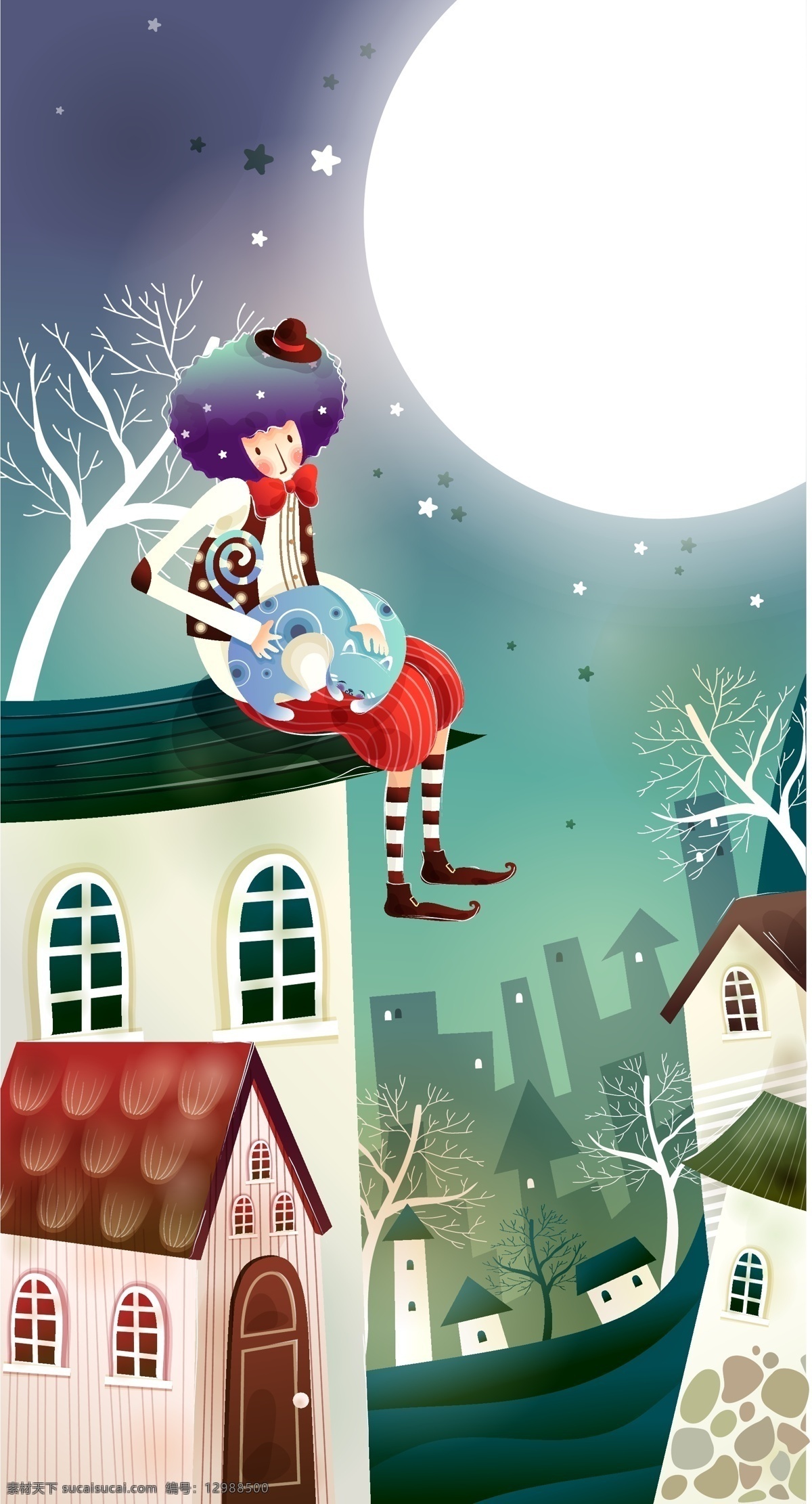 屋顶 上 孩子 插画 房子 童话 月亮 矢量图 矢量人物