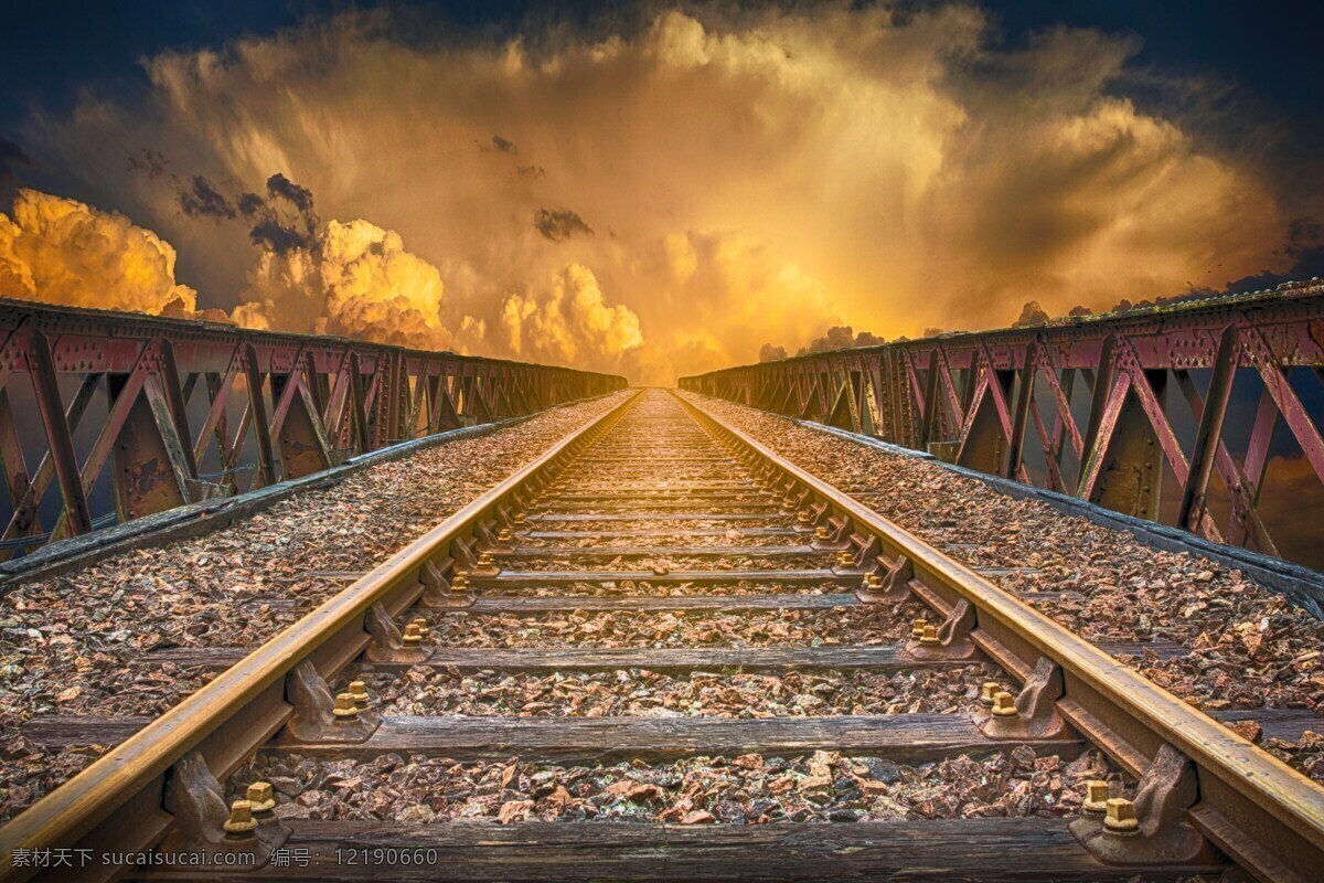 唯美图片 天空下的铁轨 景观 孔 铁路 云 天空 唯美 自然景观 自然风景