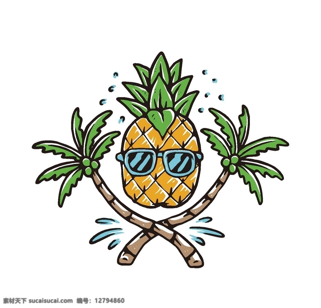 卡通 插画 元素 椰子树 菠萝 夏天 眼镜 矢量 表情 背景 印花 衣服印花元素 裤子印花元素 袜子印花元素 动漫动画