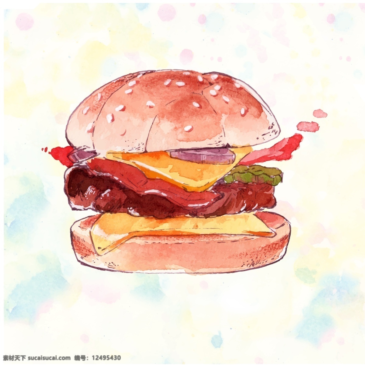 水彩 绘 美味 汉堡 插画 快餐 水彩绘 手绘