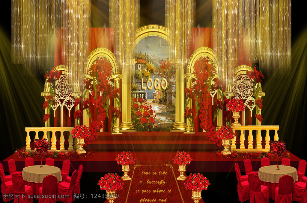 红 金 欧式 婚礼 舞台 红金 欧式拱门 金色罗马柱