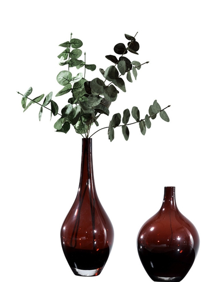 装饰花瓶 暗红色 玻璃制品 工艺花瓶 高低 树叶 插花艺术 家居生活 生活百科