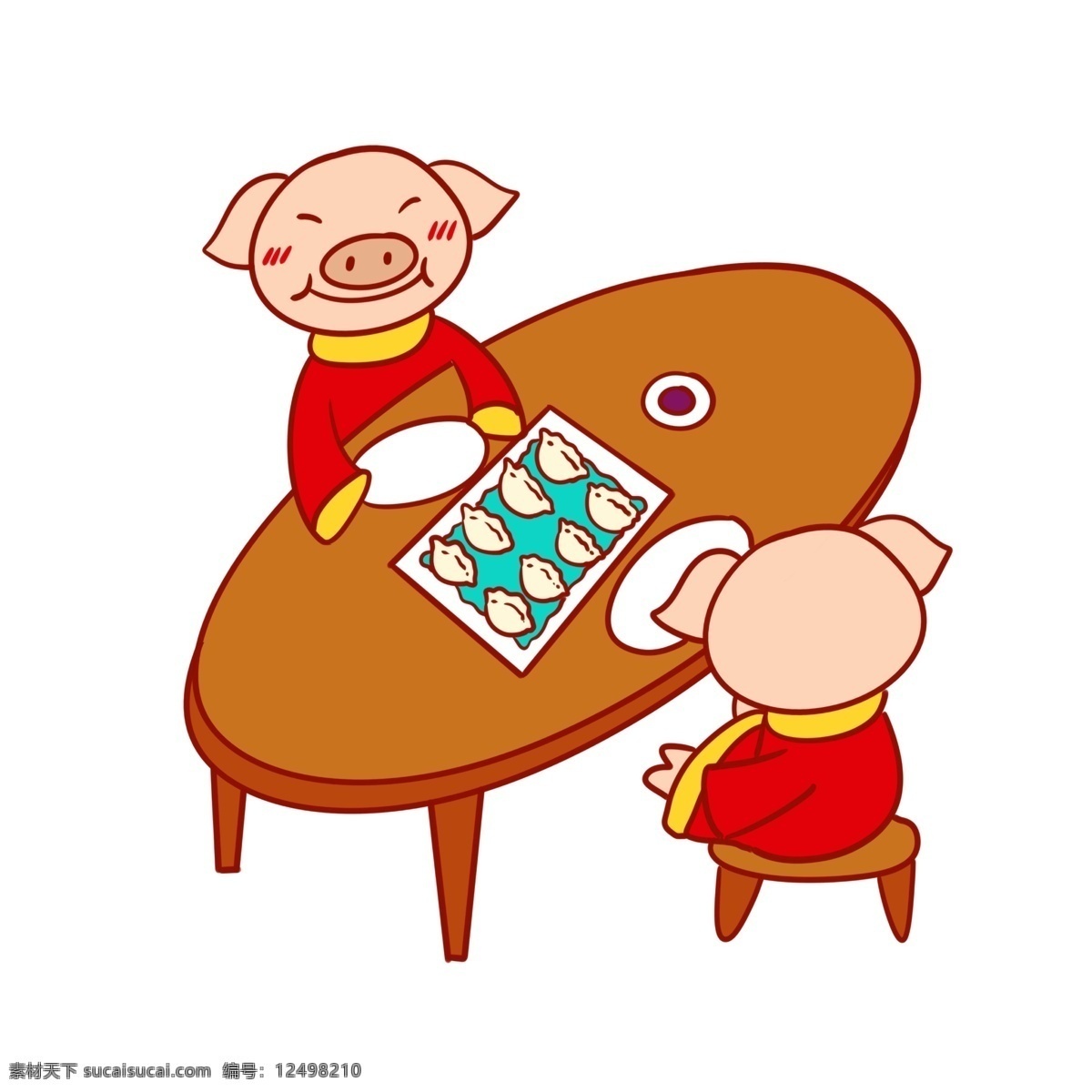 手绘 卡通 矢量 猪年 新年 可爱 小 猪 吃 饺子 免抠 穿衣服的小猪 喜庆 喜气洋洋 吃饺子 桌子