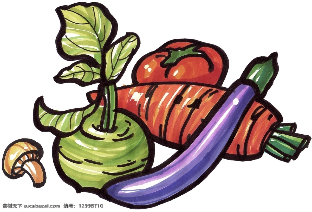 手绘蔬菜 茄子 胡萝卜 大头菜 蘑菇 手绘美食 马克 笔 手绘 美食 餐饮美食 效果 图 绘画作品 绘画书法 文化艺术