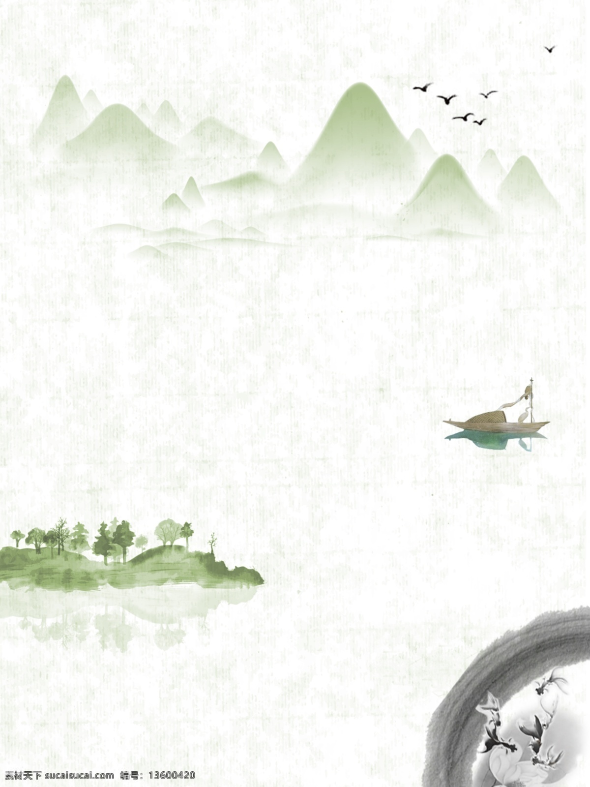 简约 山水 背景 矢量 插图 船 鸟 鱼