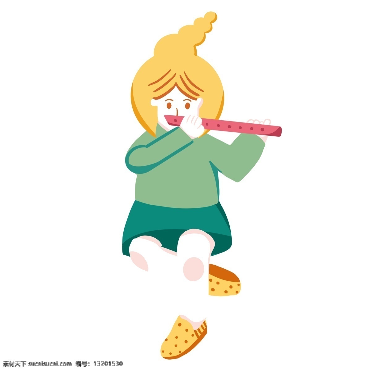 吹 笛子 少女 装饰 元素 装饰元素 手绘 音乐 开心 音符 长发 卷发 辫子