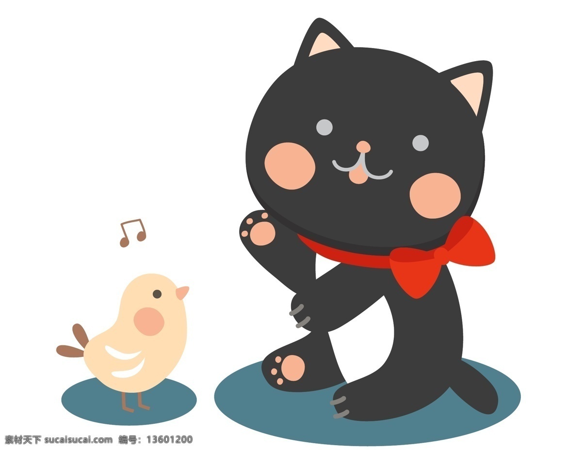 卡通 猫咪 小鸟 元素 音乐 音符 红色蝴蝶结 矢量元素 手绘 小鸟歌唱 黑色猫咪 聆听 ai元素