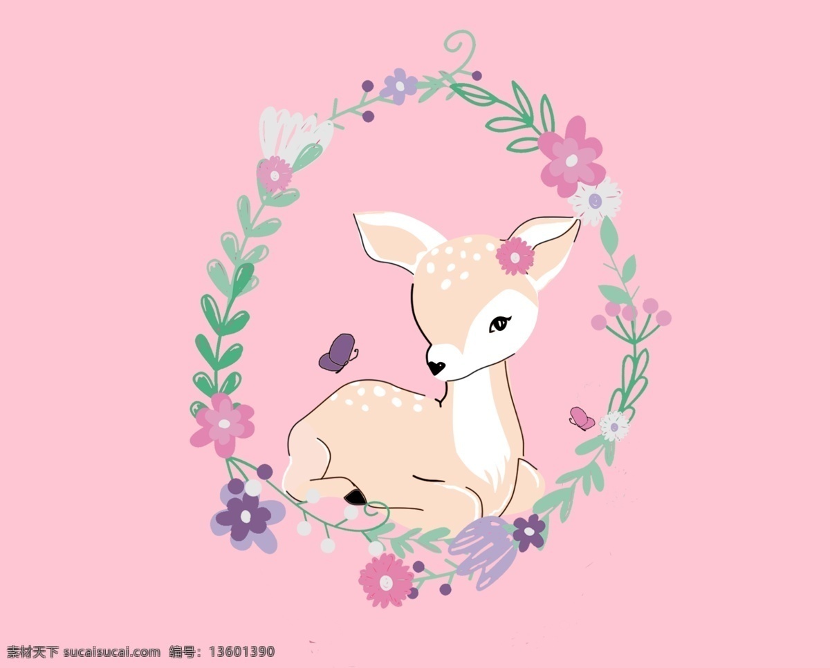 小鹿与花环 鹿 花卉 童装 图案 生物世界 野生动物