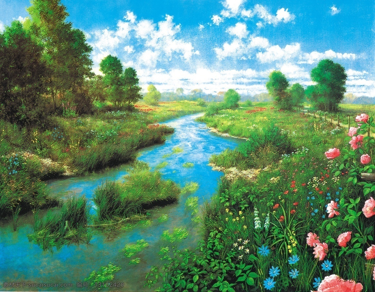 风景 河流 花 绘画书法 天空 文化艺术 油画 迷人 设计素材 模板下载 迷人的风景 家居装饰素材