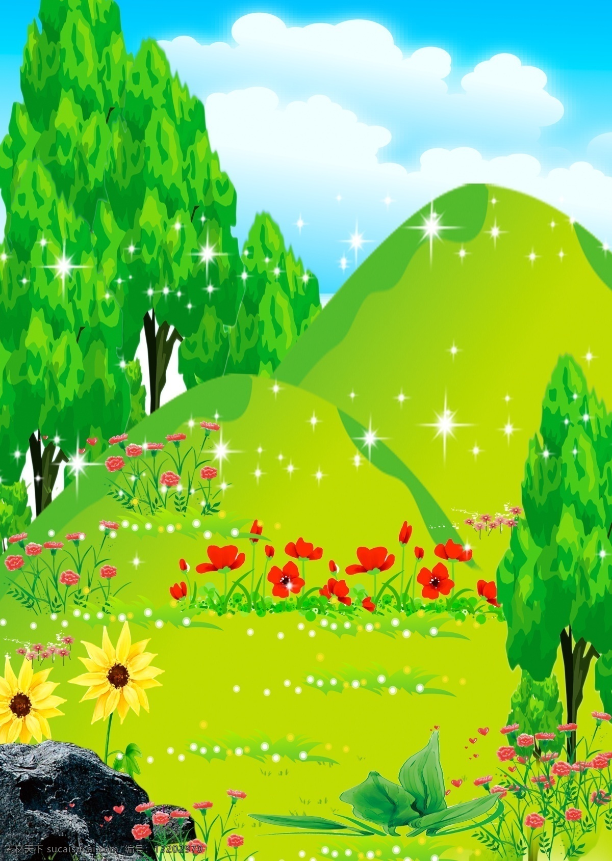 绿满大地 绿色大地 草原 绿色的山 绿色的树 石头 黄花 红花 绿草 蓝天 白云 星星 大叶草 风景 分层 源文件