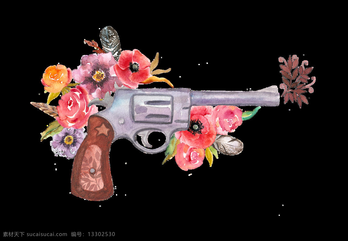 唯美 手绘 花朵 枪 装饰 图案 左轮枪 玫瑰 蔷薇 牡丹 彩带 菊花