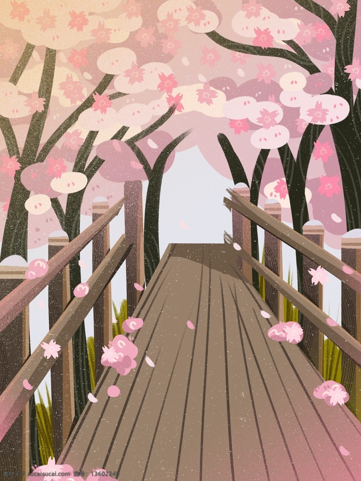 手绘 春季 樱花 走廊 背景 花枝 花朵 花瓣 粉色 樱花季 手绘背景 通用背景 psd背景 促销背景 背景展板图 背景图