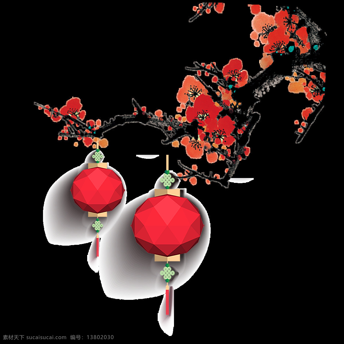 春节 菱形 突起 灯笼 节日 元素 红色梅花 节日元素 菱形灯笼 深色树枝