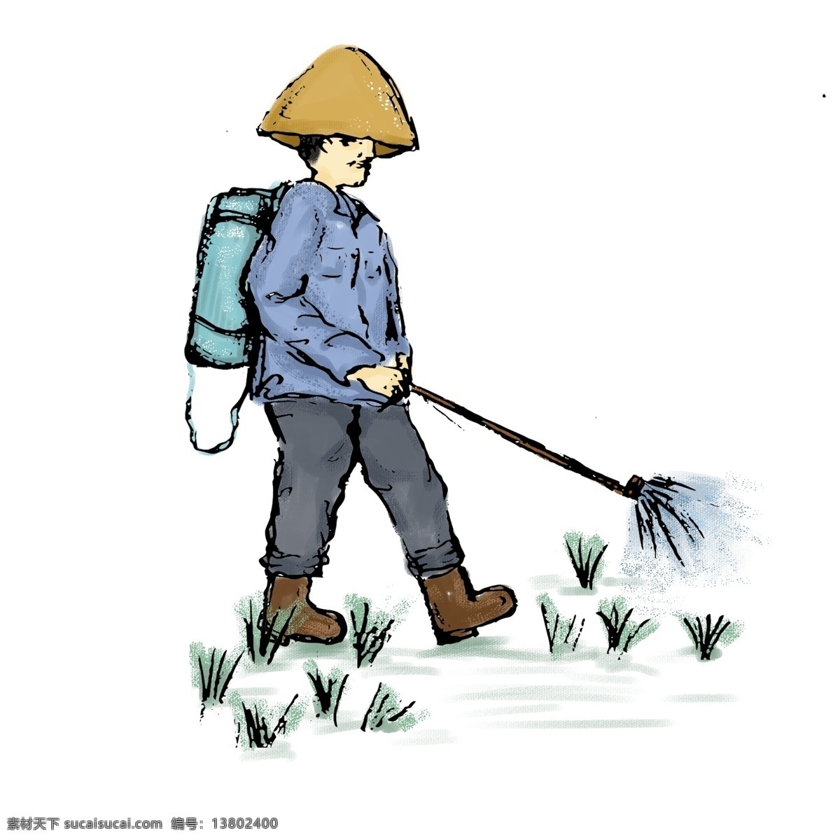 水墨 秋分 农民 洒 农药 劳动 劳作 商用 元素 斗笠 农作 撒农药