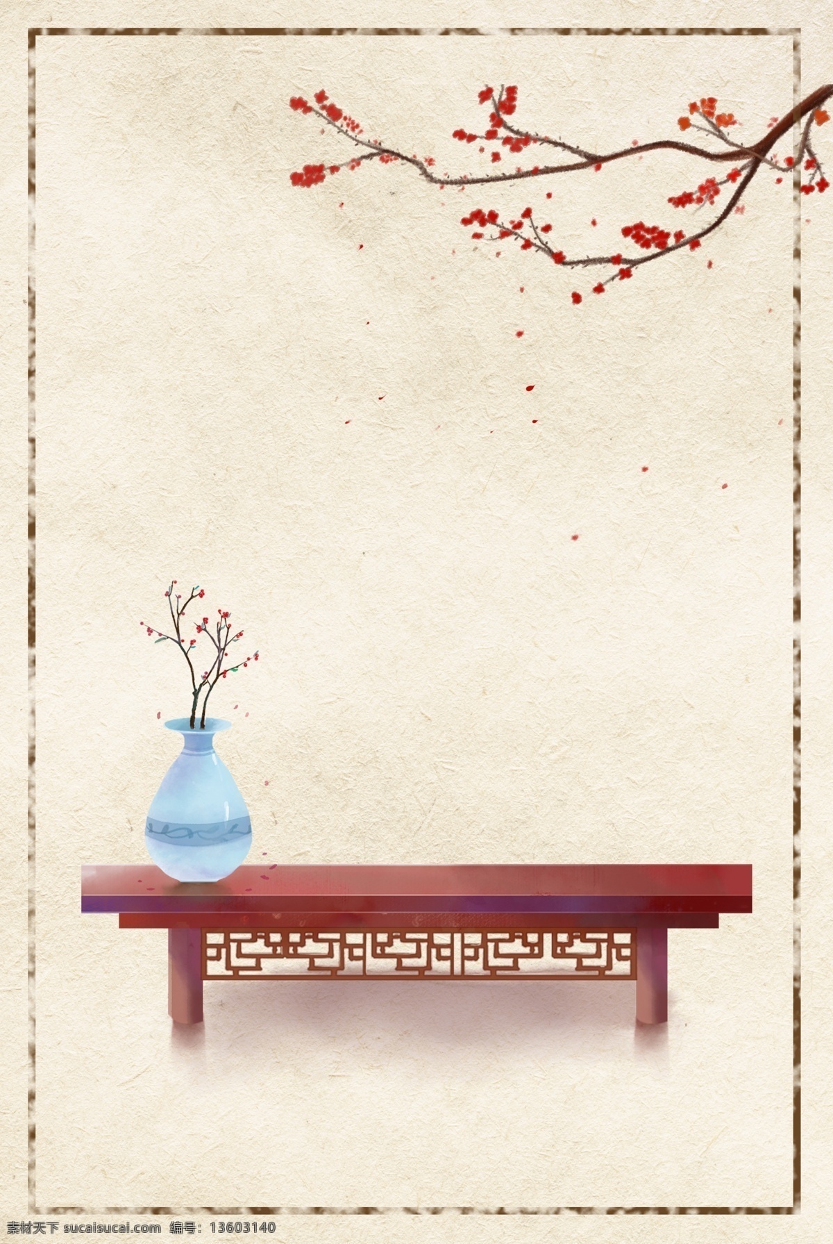 手绘 中国 风 工笔画 花 海报 背景 图 中国风 背景图 桌子 边框 花瓶