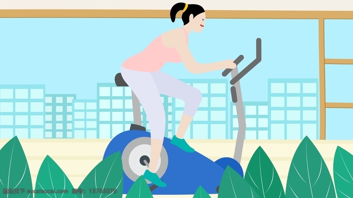 小 清新 全民健身 日 骑 脚踏车 原创 插画 健身 锻炼 健身房 绿色植物 小清新 全民健身日 健身日 全民运动 骑脚踏车插画 骑脚踏车女孩 健身女孩 健身插画 运动插画