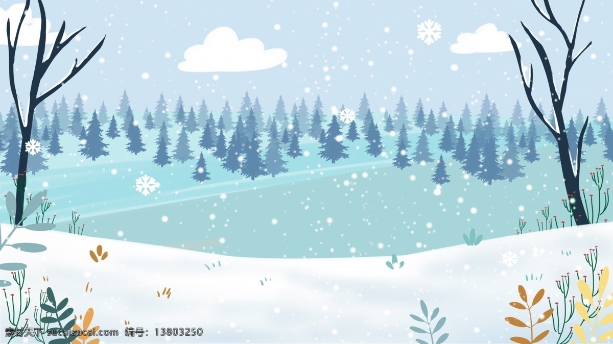 唯美 冬季 森林 雪景 背景 蓝天 白云 背景素材 冬季背景 冬天 雪地 雪花 广告背景