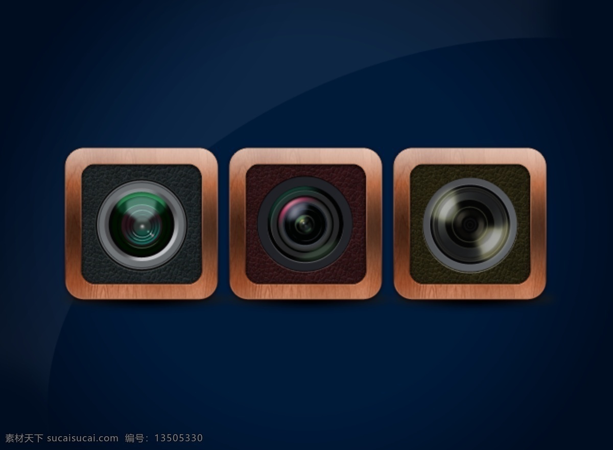 三 款 不同 镜头 app 软件 手机应用 lens 皮纹 木框 图标 手机图标 小图标 图标设计 ui图标 app图标 镜头图标 软件图标 相机 黑色
