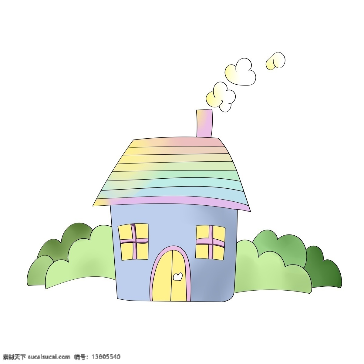 立体 彩色 房屋 插图 小清新房屋 彩色房屋 精美的房屋 卡通房屋 白色烟雾 绿色植物 黄色窗户 房屋插图