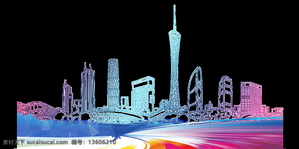 广州 水彩 地标 线条 小蛮腰 剪影 背景板元素 广州建筑 文化艺术 传统文化