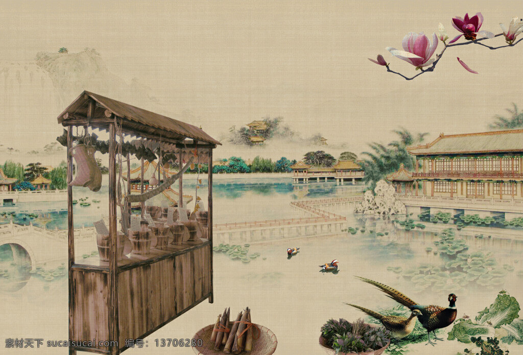 中国风工笔画 39 花 杂货 风景 古建筑