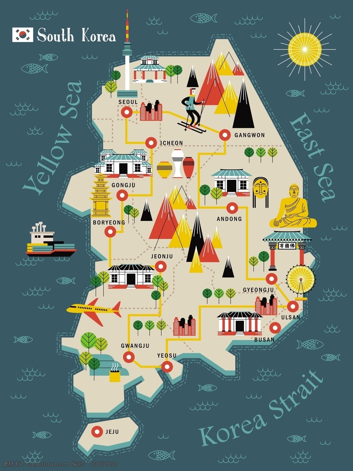 韩国 旅行 手绘 地图 平面 立体 创意设计 背景