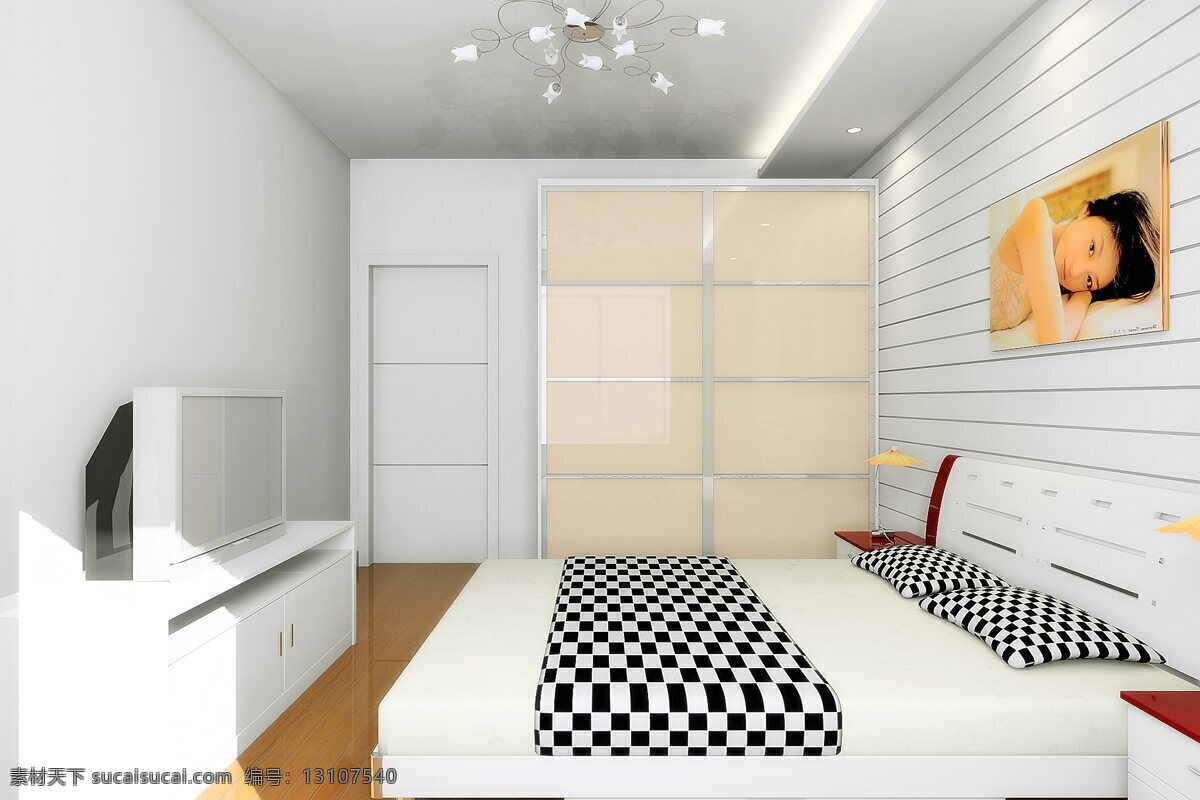 主 卧室 玻璃 床 床头柜 电视 柜子 环境设计 木地板 主卧室 室内设计 家居装饰素材