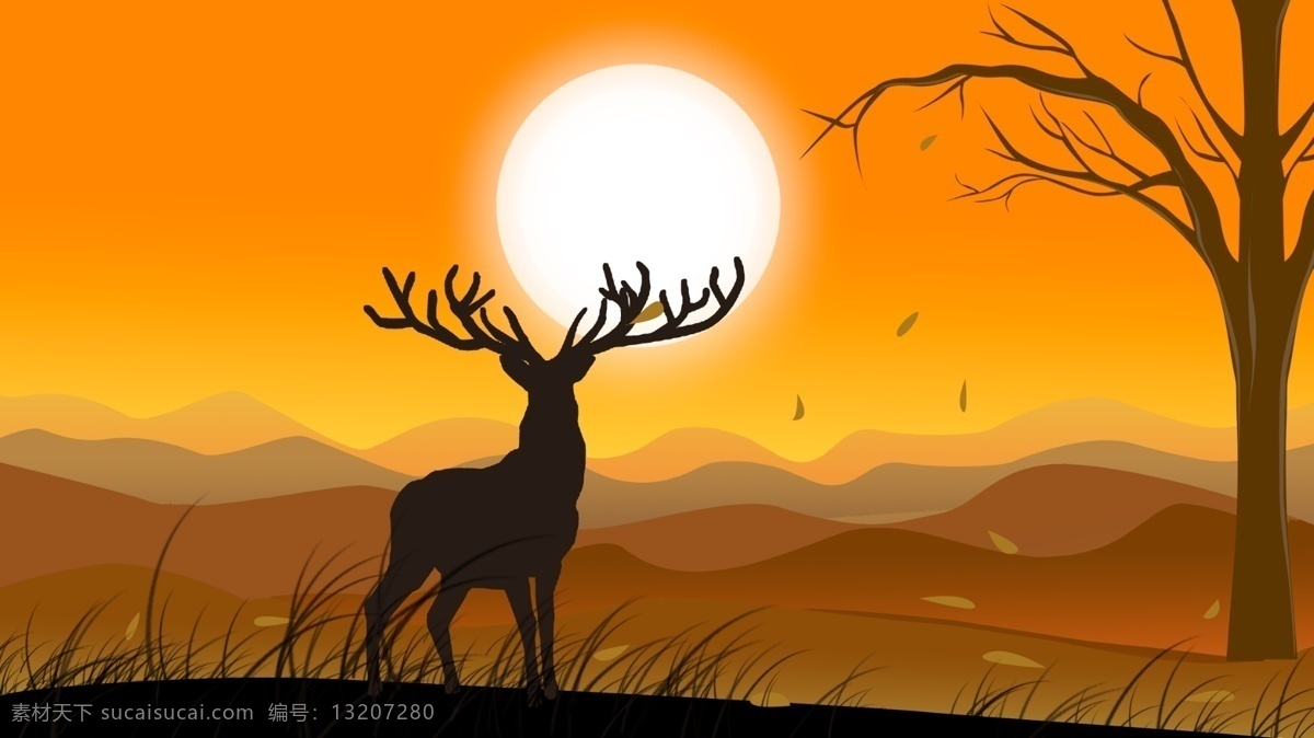 森林 鹿 手绘 插画 夕阳 黄色 动物 小清新 唯美 森林与鹿