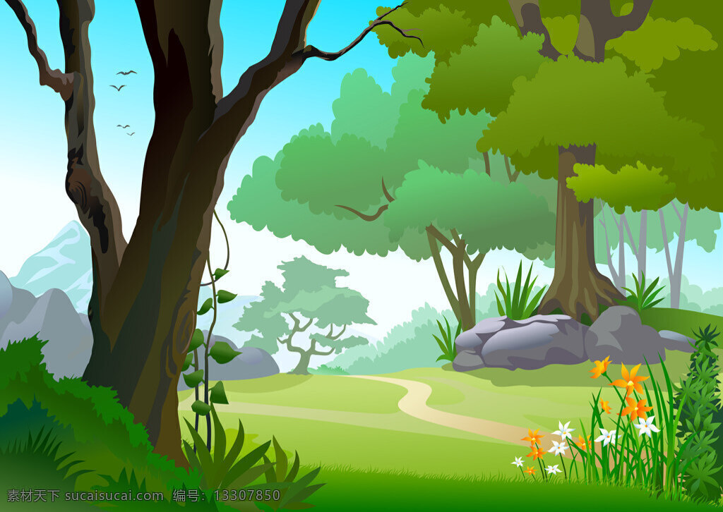 卡通 自然风景 eps格式 草 风景 湖水 森林 矢量素材 树木 自然景观 绿色