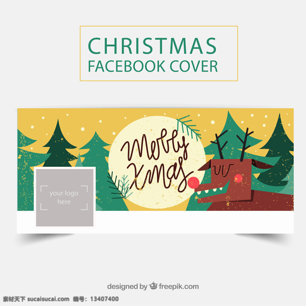 圣诞 驯鹿 脸 书 封面 矢量 松树 树木 圣诞节 月亮 脸书 社交媒体
