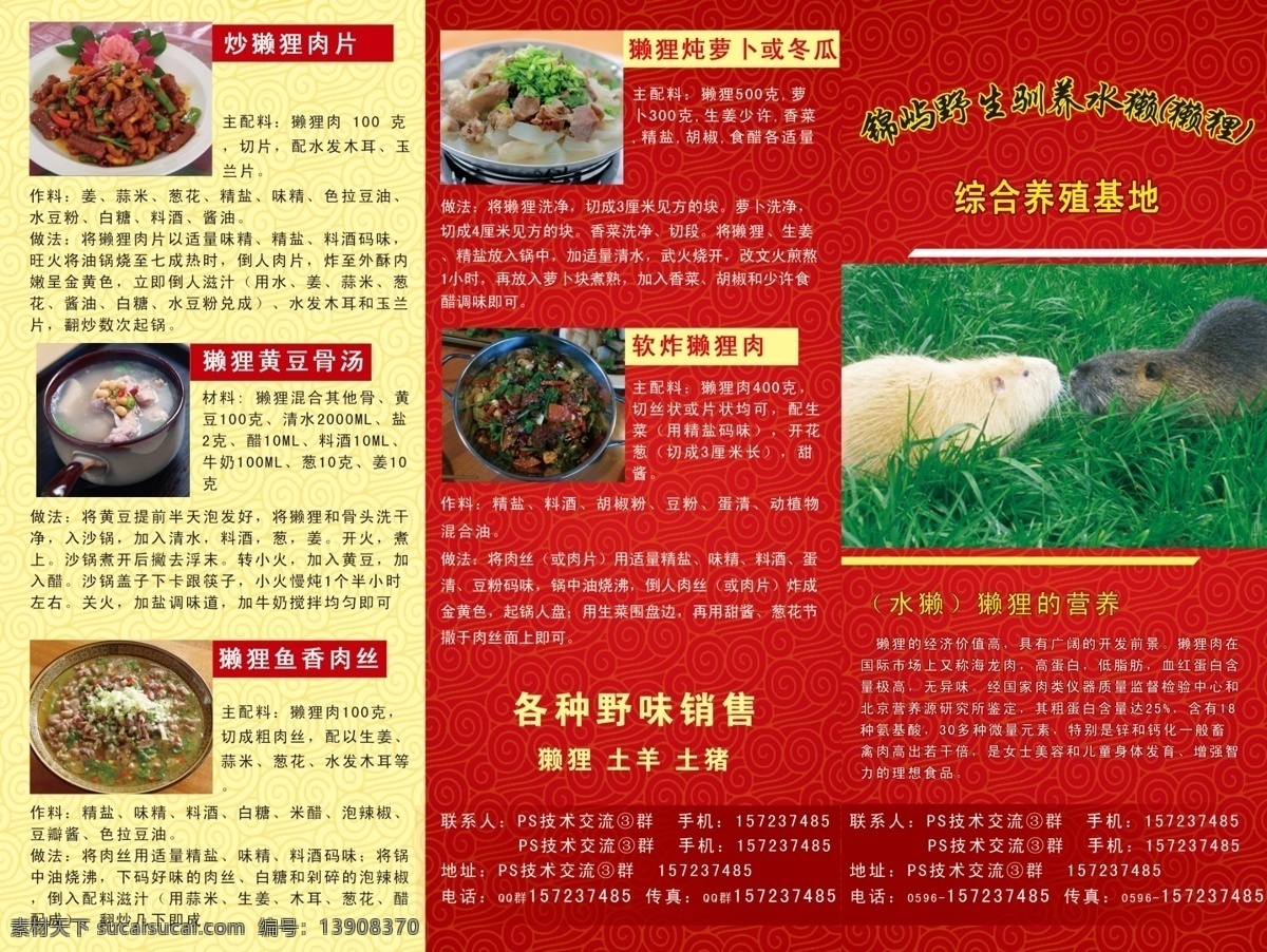 养殖基地折页 红色 祥云底纹 淡黄 食谱 水獭 海狸鼠 画册设计 广告设计模板 源文件
