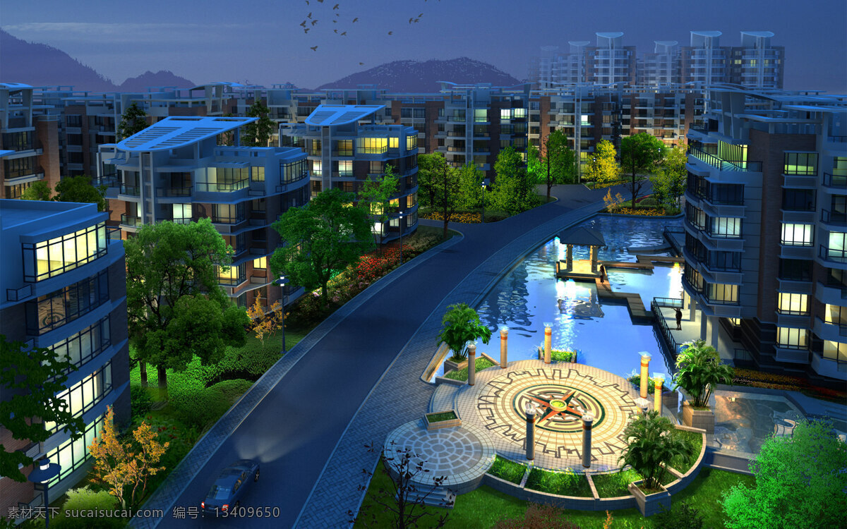 小区夜景 楼房 住宅区 灯光 景观设计 环境设计